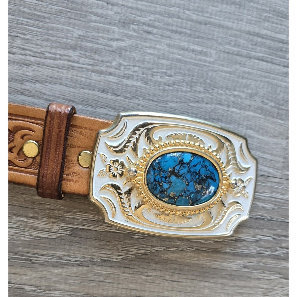 VTG Brass  /White Enamel / Blue Stone / Western USA Belt Buckle & Tooled Belt 46 - Picture 10 of 16